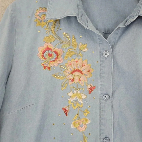 Quacker Factory Womens Embroidered Denim Button-Up Shirt Long Sleeve L 21CT - Picture 3 of 7